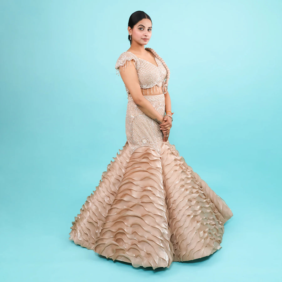 Beige Gold Drape Style Fish Cut Lehenga Vastrachowk