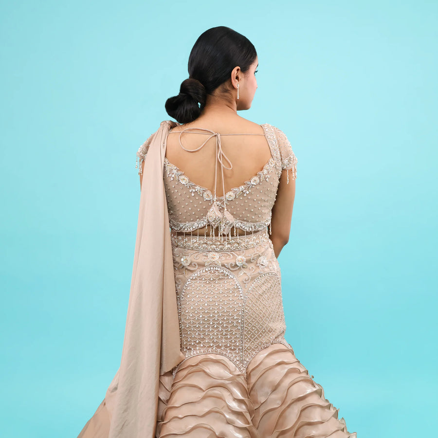 Beige Gold Drape Style Fish Cut Lehenga Vastrachowk