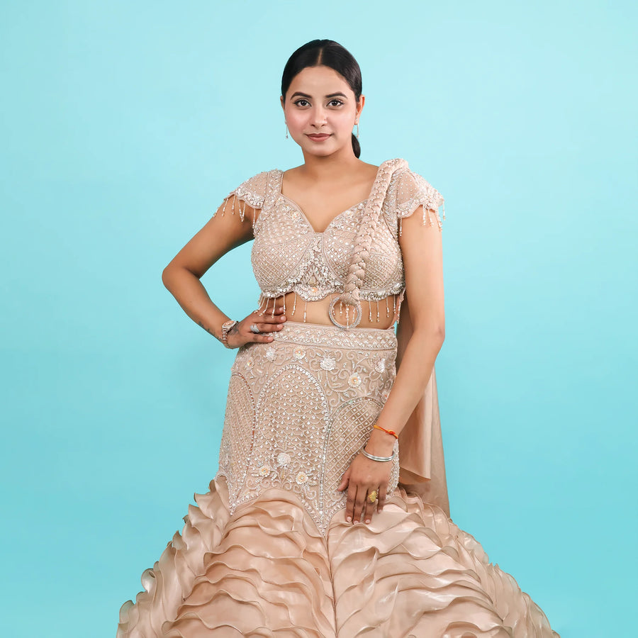 Beige Gold Drape Style Fish Cut Lehenga Vastrachowk