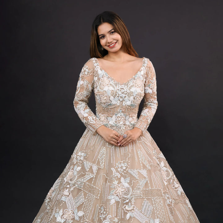 Beige Gold Net Gown for Engagement- Vastrachowk
