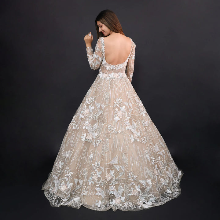 Beige Gold Net Gown for Engagement- Vastrachowk