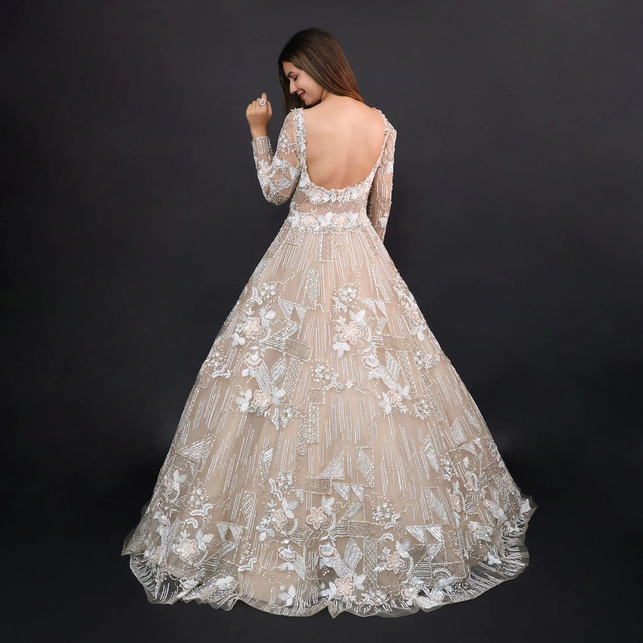 Beige Gold Net Gown for Engagement- Vastrachowk