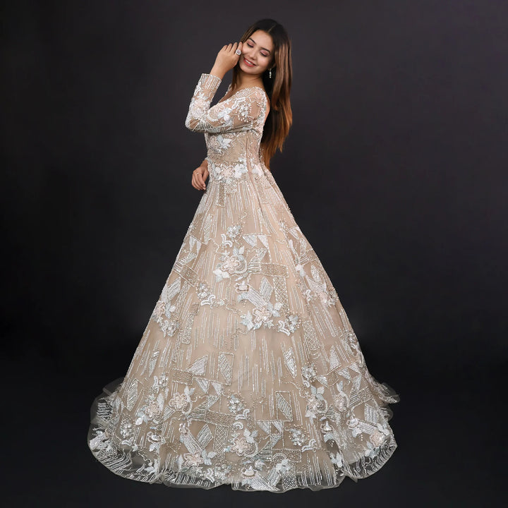 Beige Gold Net Gown for Engagement- Vastrachowk