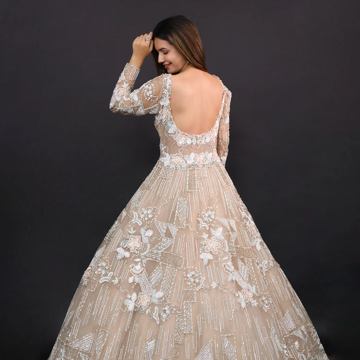 Beige Gold Net Gown for Engagement- Vastrachowk