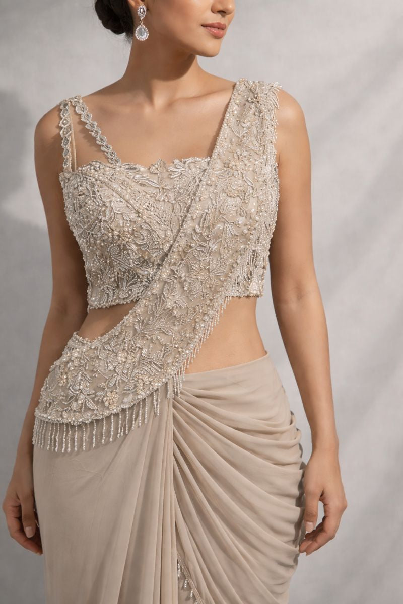 Beige Pre Drape Saree