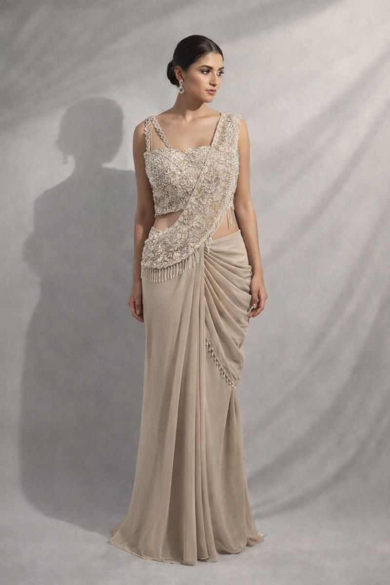Beige Pre Drape Saree