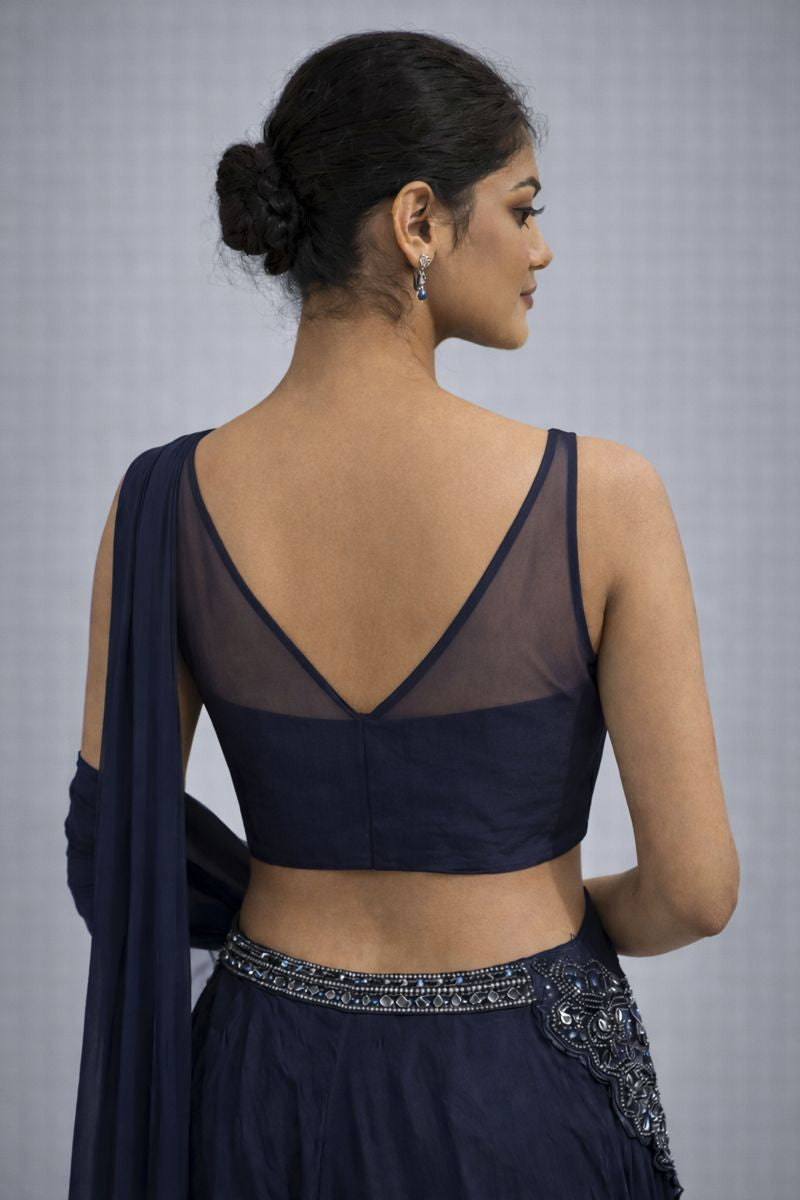 Blue  Crop Top Drape Lehenga 