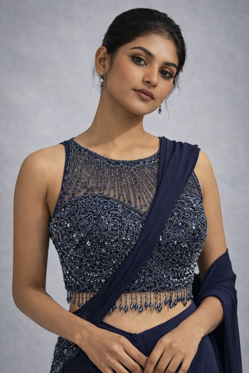 Blue  Crop Top Drape Lehenga 