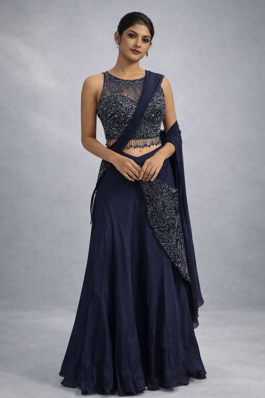 Blue  Crop Top Drape Lehenga 