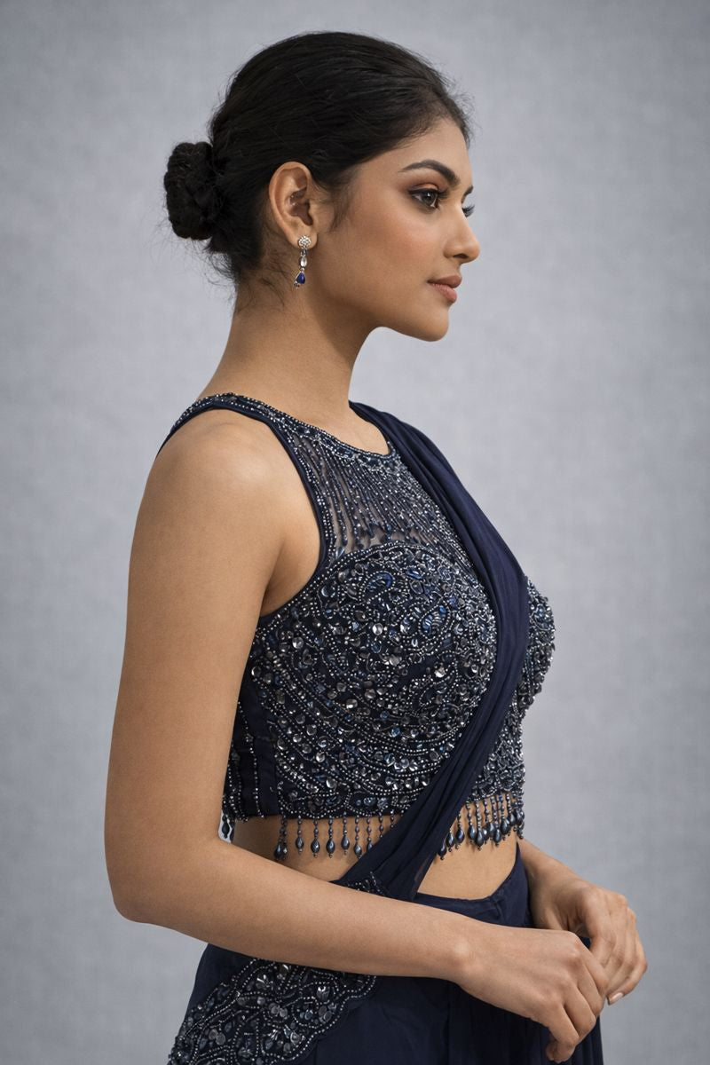 Blue  Crop Top Drape Lehenga 