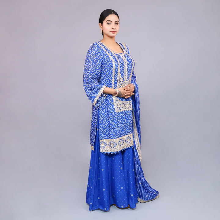 Blue Straight Shirt with Sharara & Chinnon Dupatta Vastrachowk
