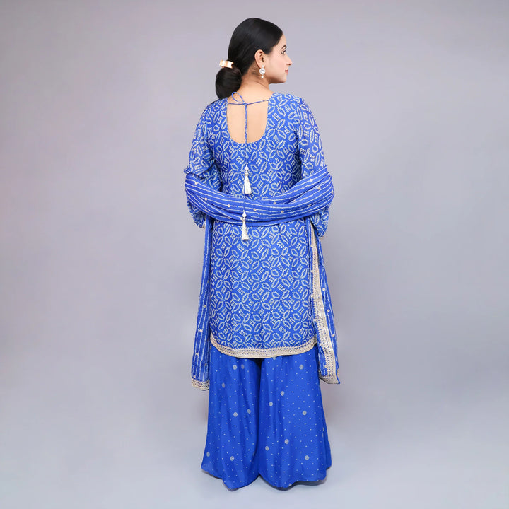 Blue Straight Shirt with Sharara & Chinnon Dupatta Vastrachowk