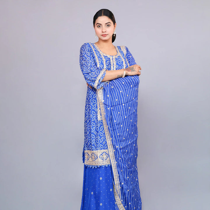 Blue Straight Shirt with Sharara & Chinnon Dupatta Vastrachowk