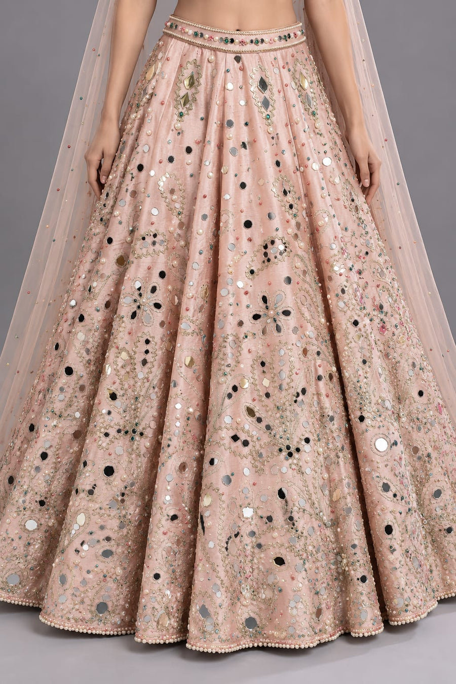 Blush Pink Mirror Work Lehenga with Embroidered Blouse and Dupatta