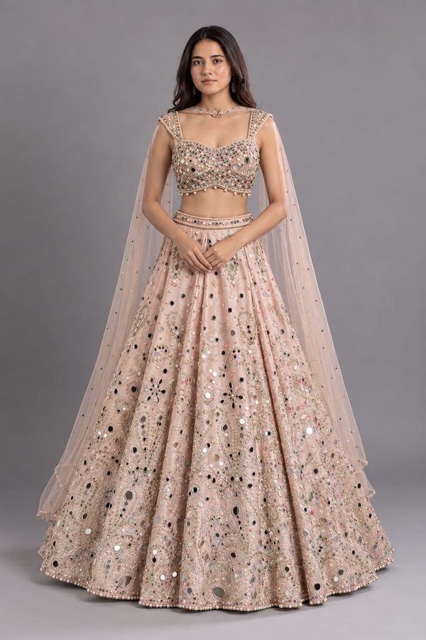 Blush Pink Mirror Work Lehenga with Embroidered Blouse and Dupatta