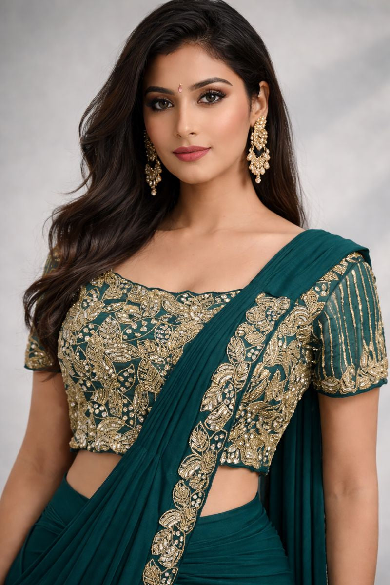 Bottal Green Pre Drape Saree