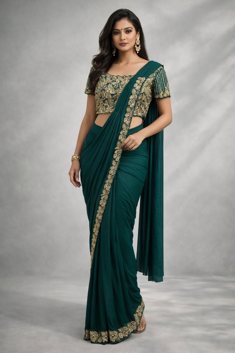 Bottal Green Pre Drape Saree