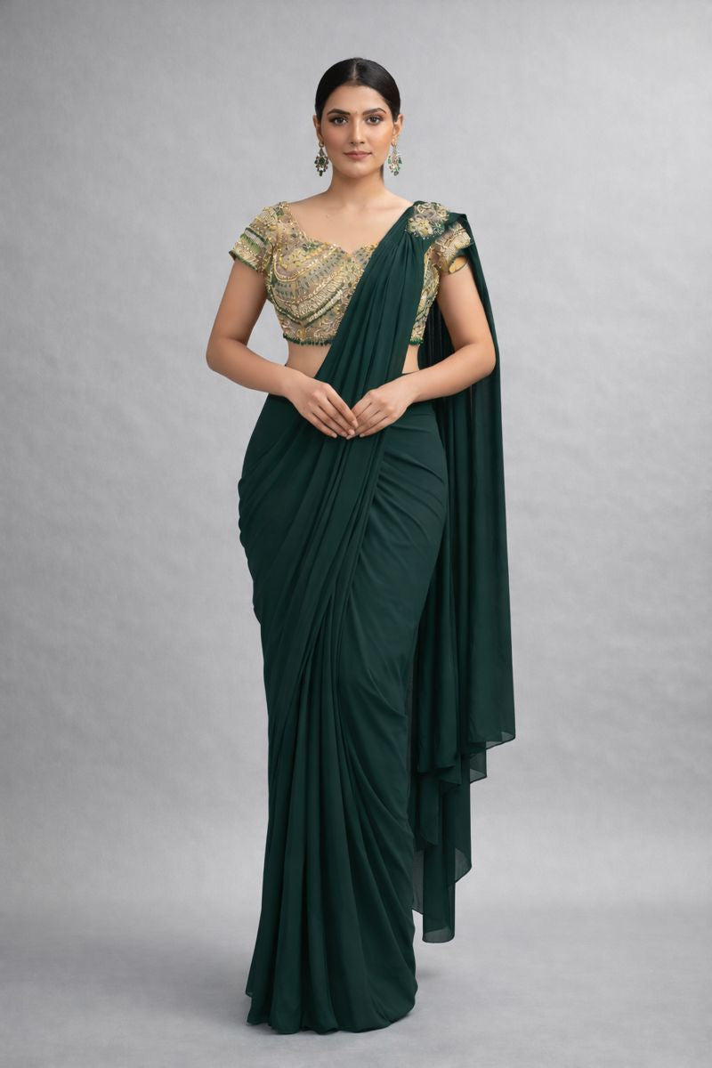 Bottal Green Pre Drape Saree