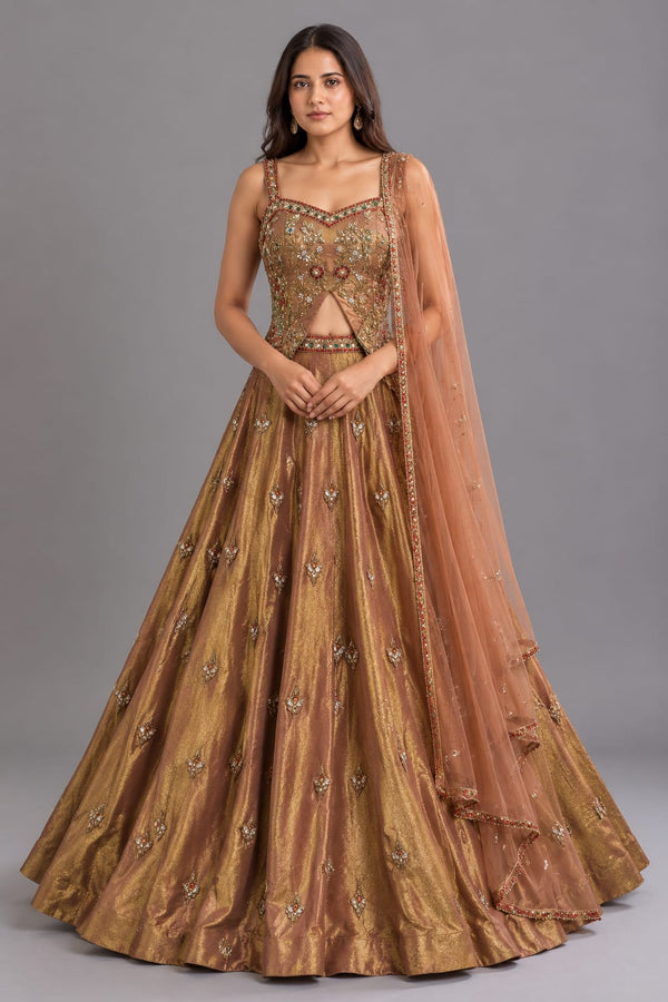Bronze Gold Embroidered Designer Lehenga with Mirror Work and Net Dupatta
