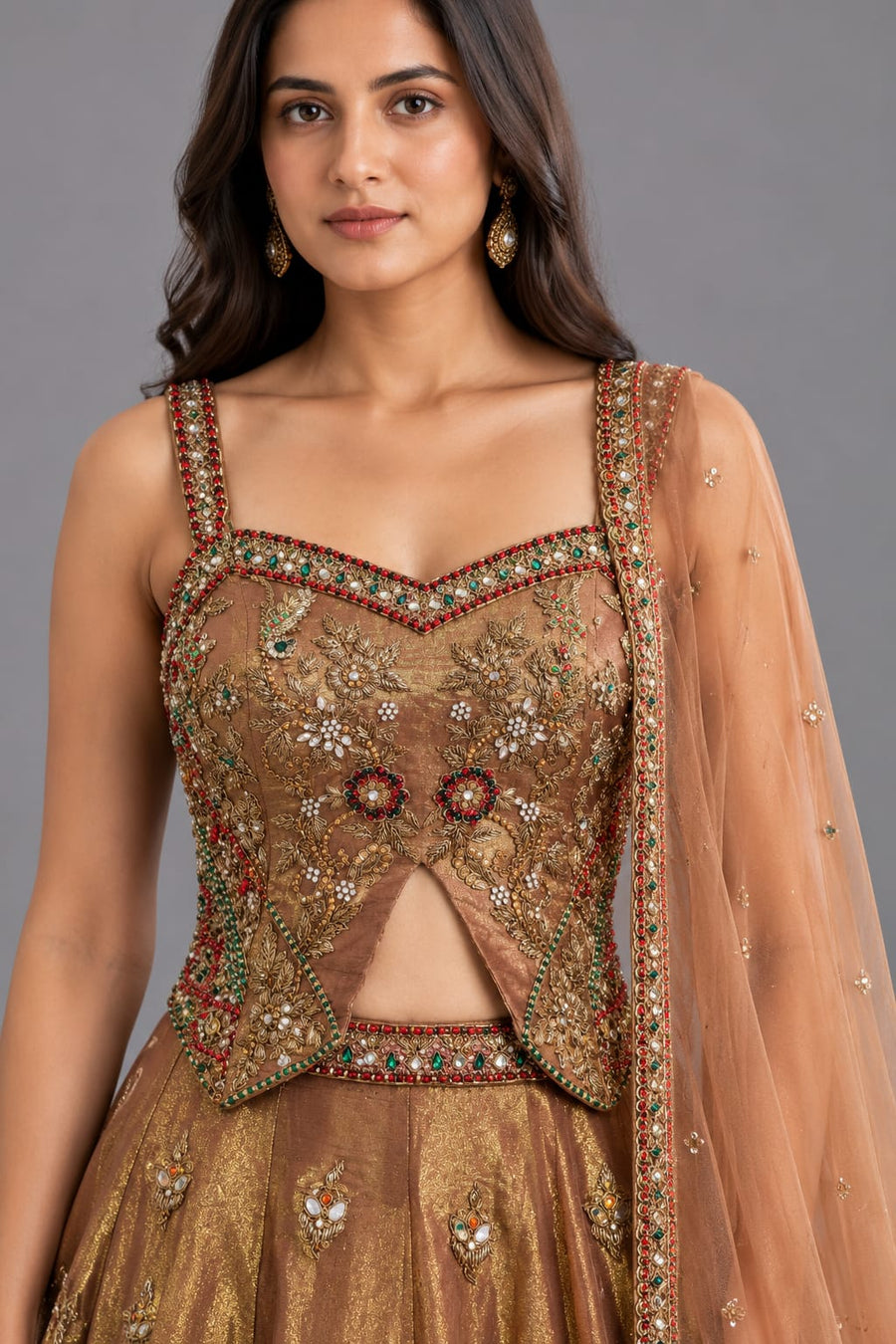 Bronze Gold Embroidered Designer Lehenga with Mirror Work and Net Dupatta