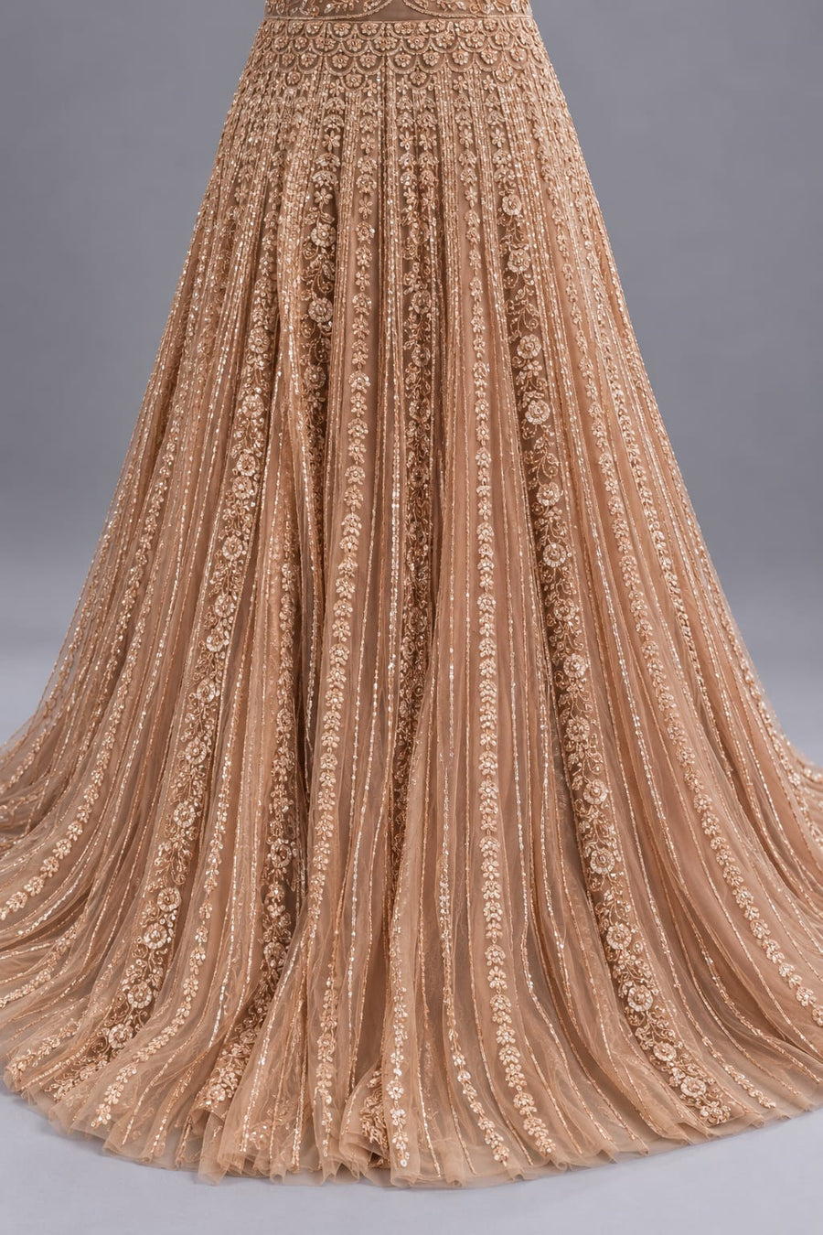 Brown Embroidered Net Gown with V Neck and Flared Silhouette