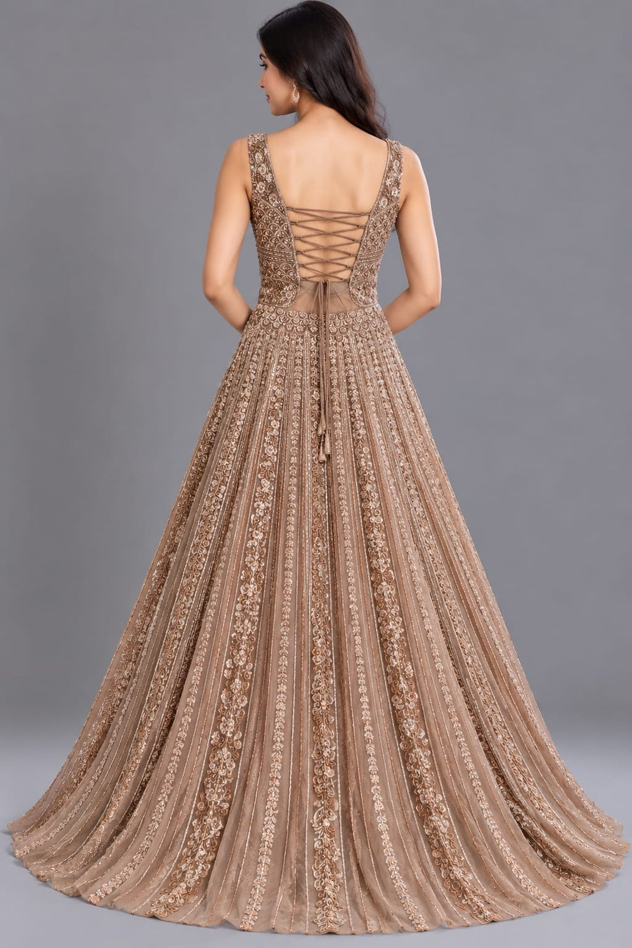 Brown Embroidered Net Gown with V Neck and Flared Silhouette