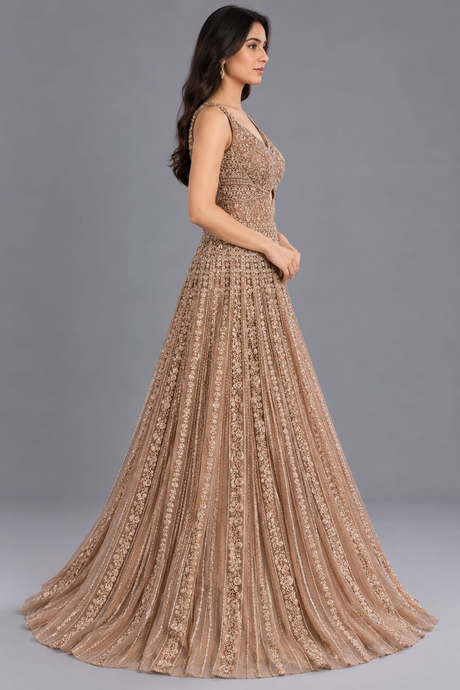 Brown Embroidered Net Gown with V Neck and Flared Silhouette