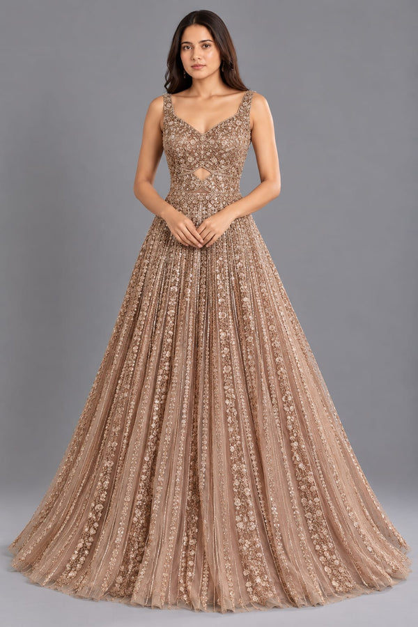 Brown Embroidered Net Gown with V Neck and Flared Silhouette