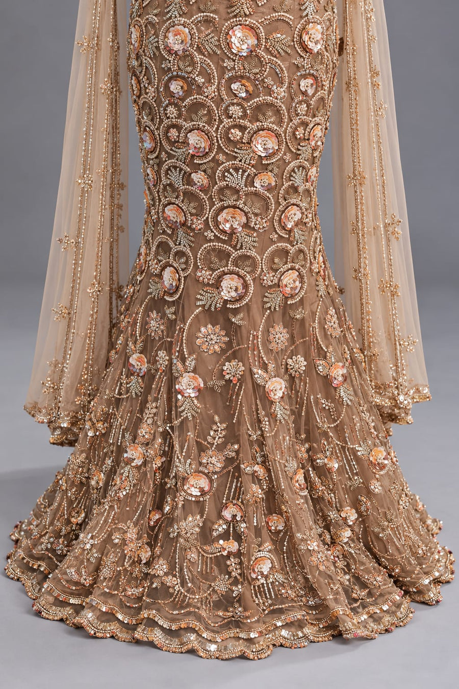 Brown Fishcut Lehenga with Embellished Corset Blouse and Dupatta