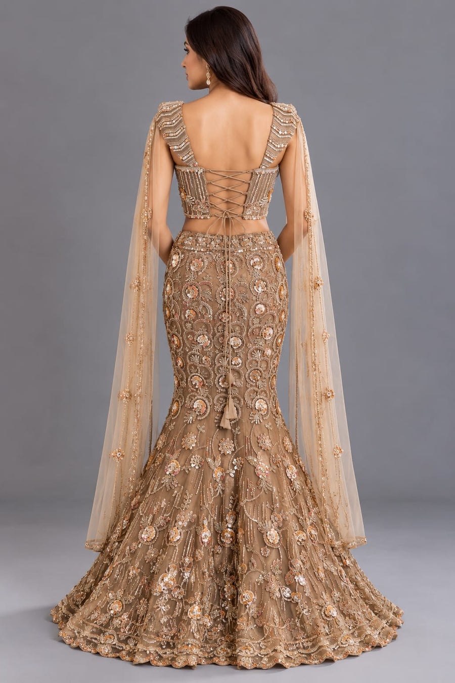 Brown Fishcut Lehenga with Embellished Corset Blouse and Dupatta