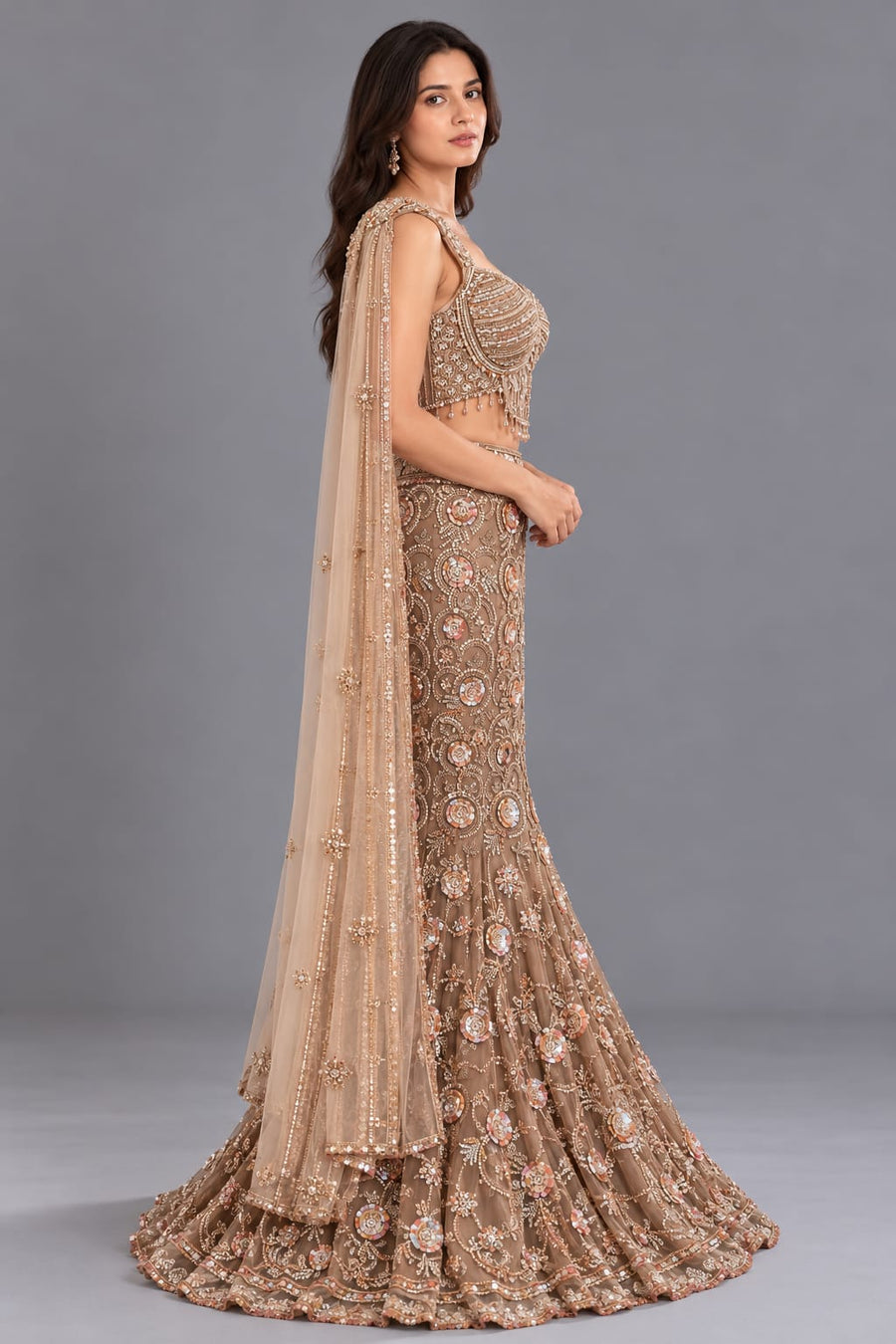 Brown Fishcut Lehenga with Embellished Corset Blouse and Dupatta