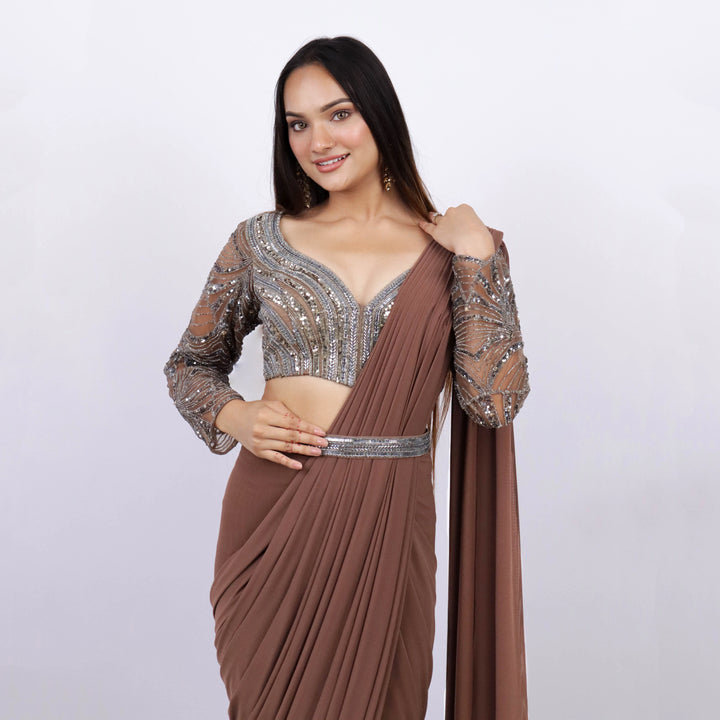 Brown Handwork Drape Saree