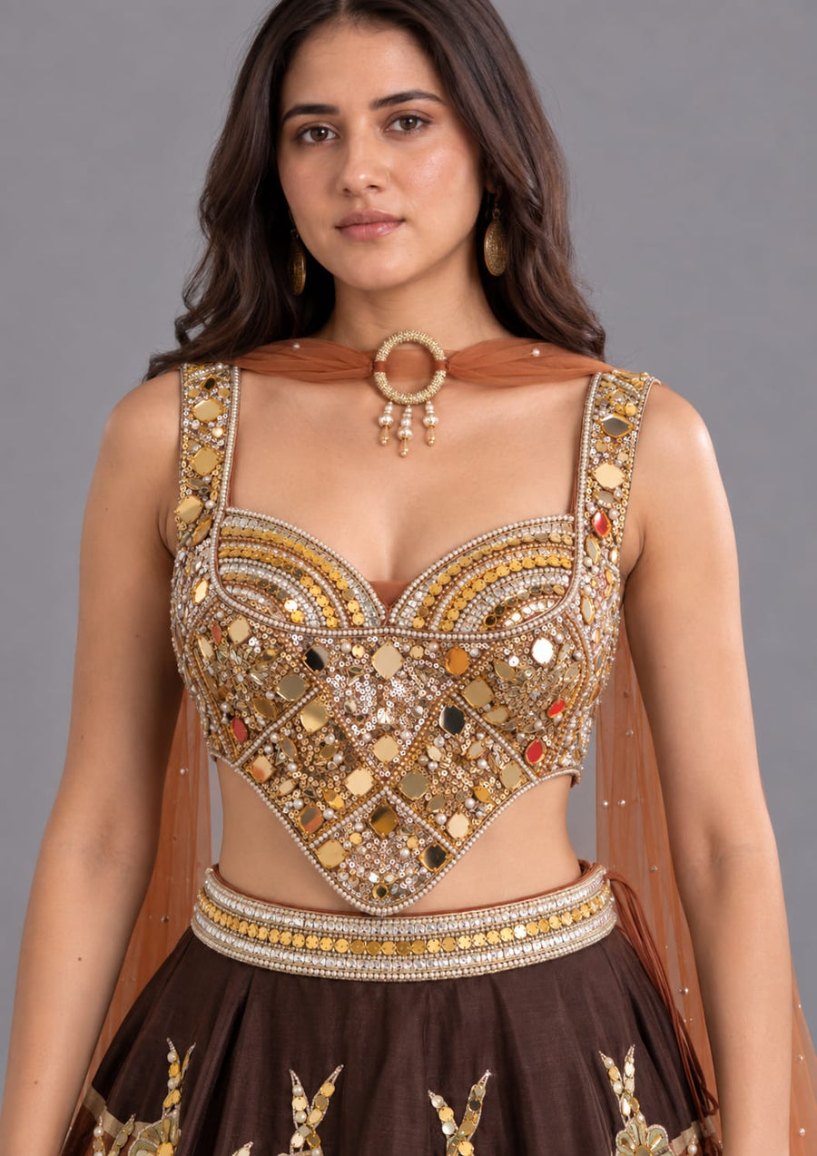 Brown Mirror Work Lehenga with Corset Blouse for Women | Vastrachowk