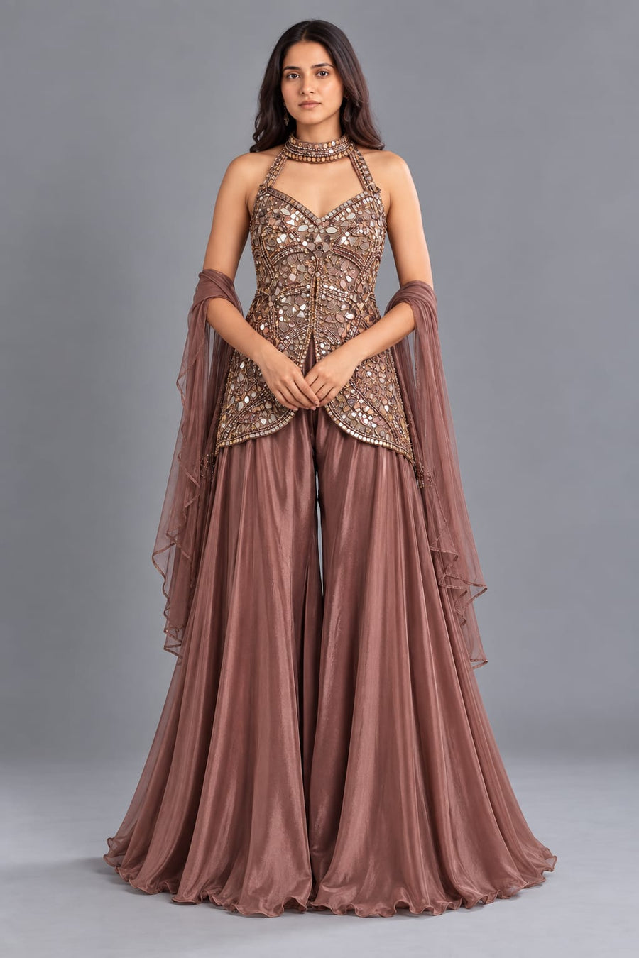 Brown Mirror Work Peplum Palazzo Set with Choker Dupatta for Women