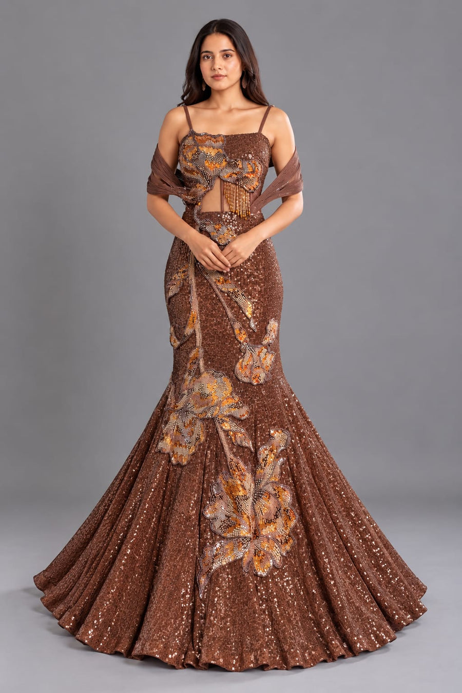 Brown Sequin Fishcut Western Gown with Floral Embellishment