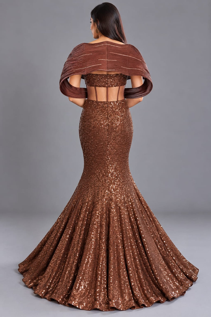 Brown Sequin Fishcut Western Gown with Floral Embellishment