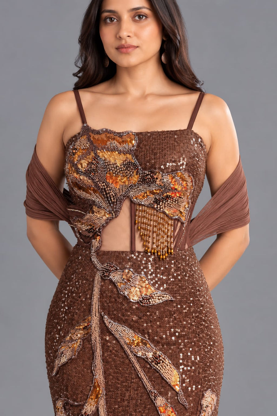 Brown Sequin Fishcut Western Gown with Floral Embellishment