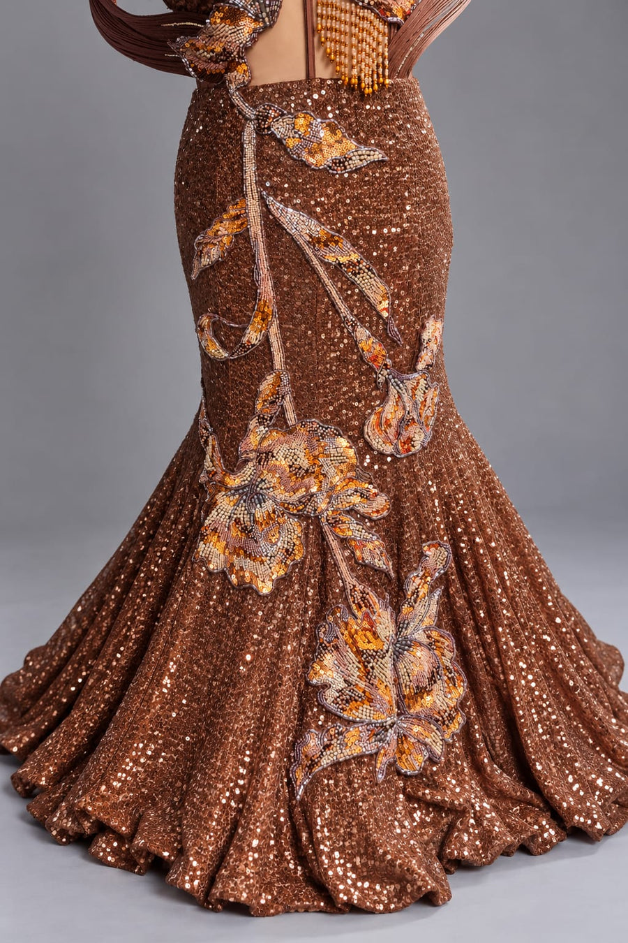 Brown Sequin Fishcut Western Gown with Floral Embellishment