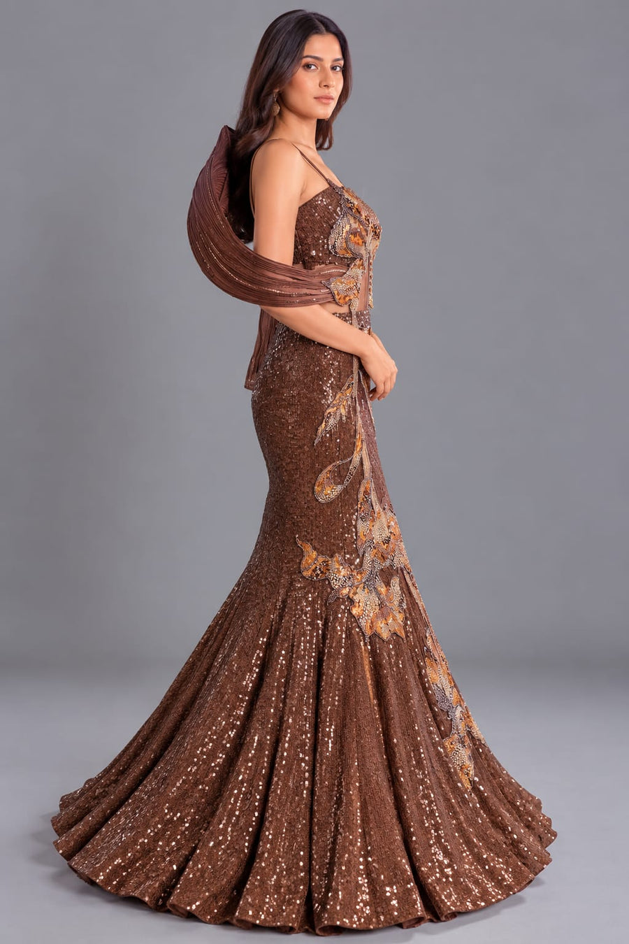 Brown Sequin Fishcut Western Gown with Floral Embellishment