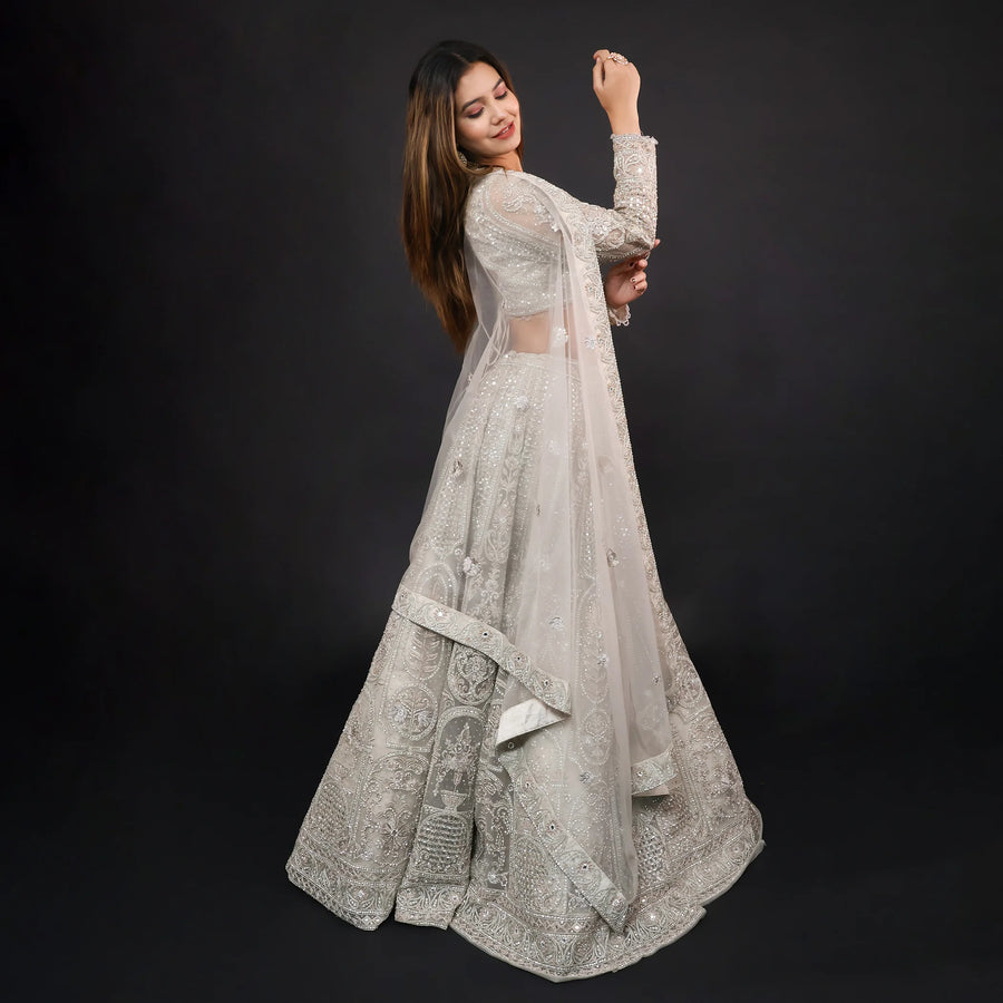 Ceremonial Crop Top Lehenga in Smog Grey-Vastrachowk