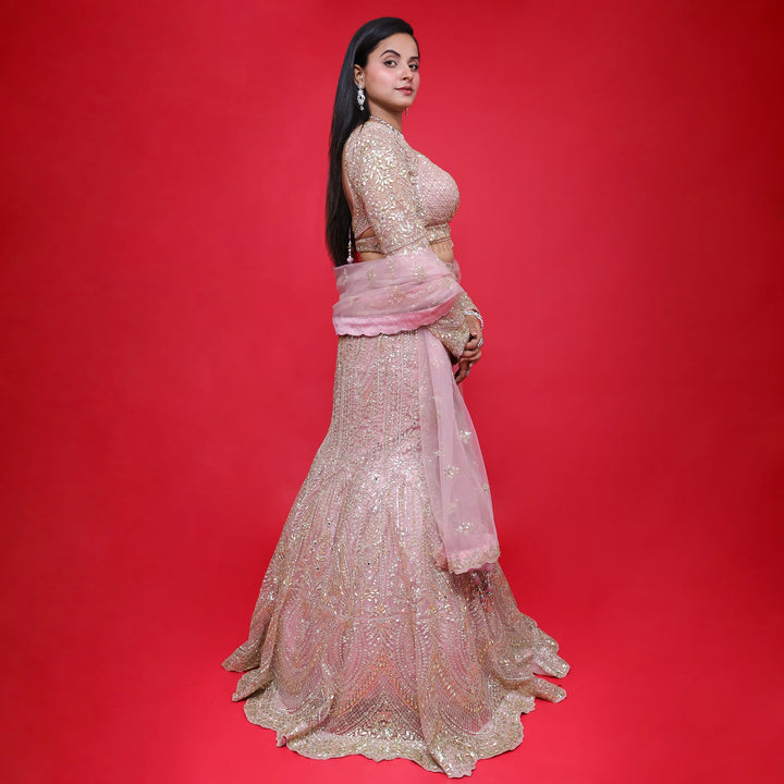 Ceremonial Full Sleeves Mermaid Style Crop Top Lehenga- Vastrachowk