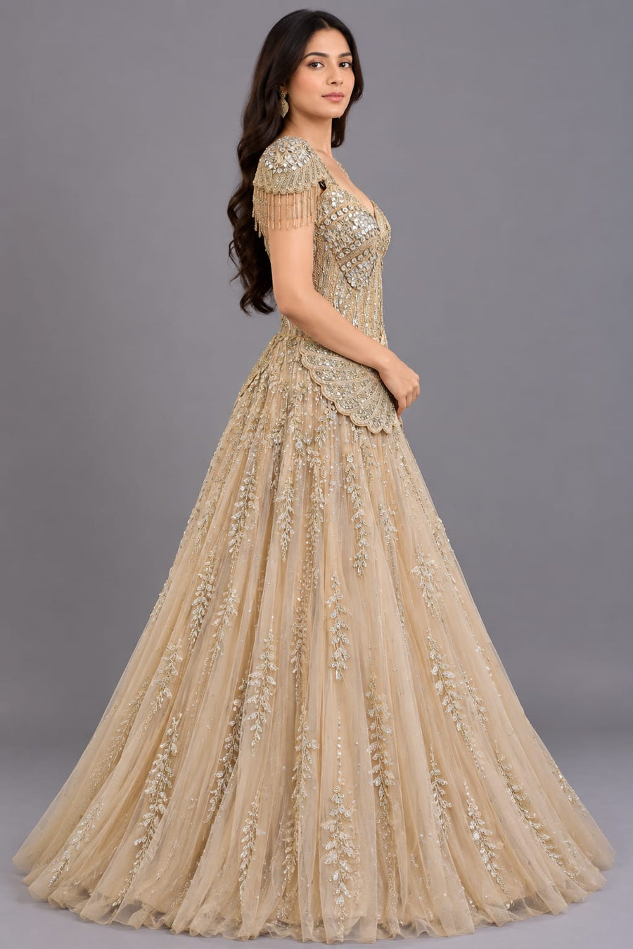 Champagne Embellished Gown with Mirror Work & Fringe Sleeves for Women