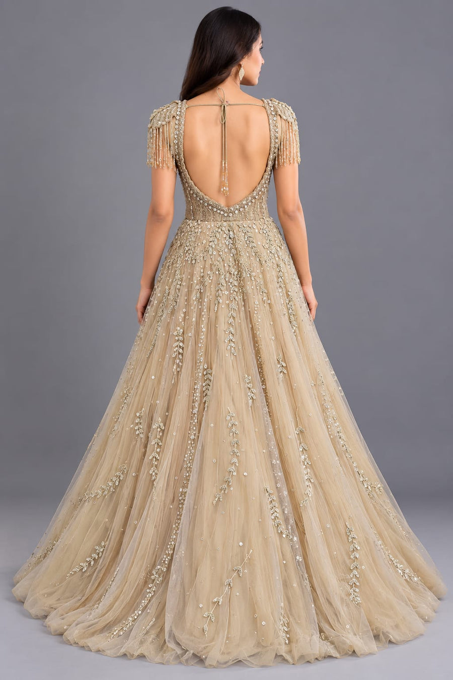 Champagne Embellished Gown with Mirror Work & Fringe Sleeves for Women