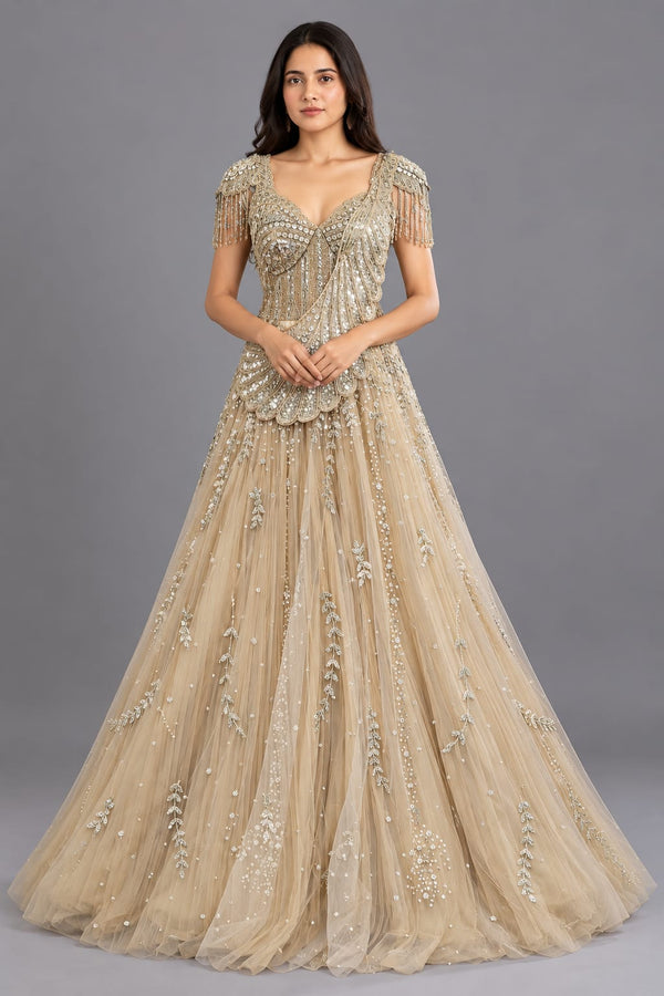 Champagne Embellished Gown with Mirror Work & Fringe Sleeves for Women