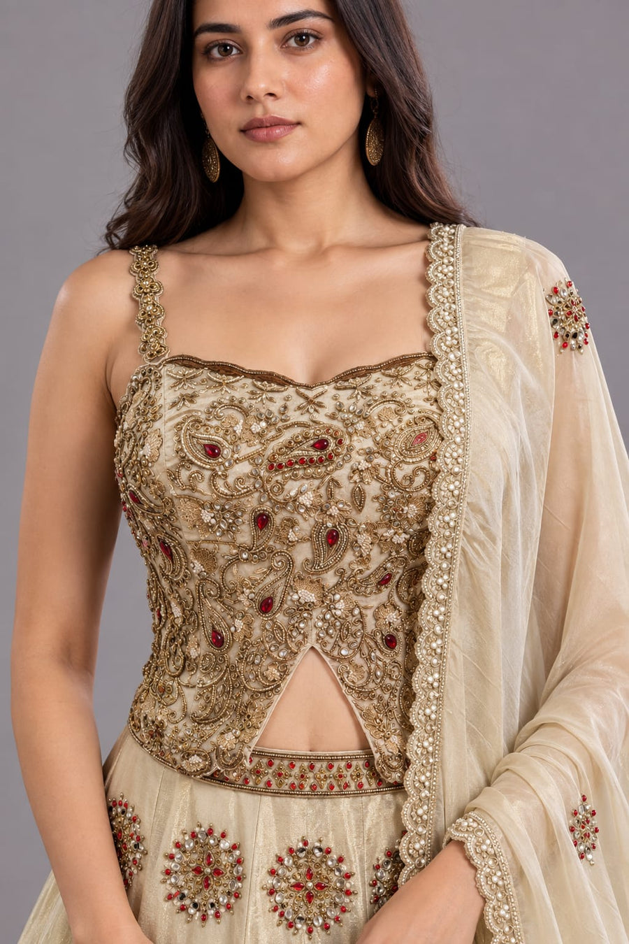 Champagne Gold Embellished Designer Lehenga with Red Stone Work