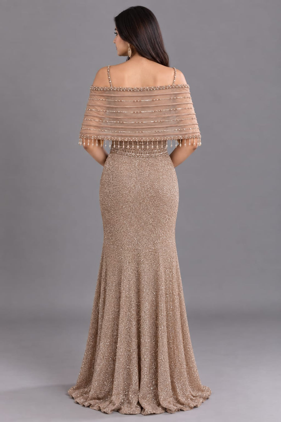 Champagne Gold Embroidered Fishcut Gown with Off-Shoulder Dupatta