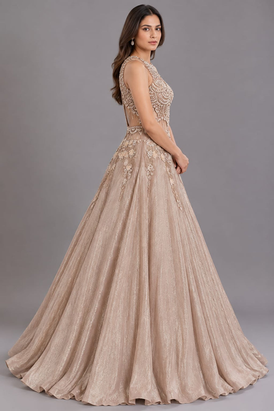 Champagne Gold Embroidered Flared Gown with Keyhole Neck for Women
