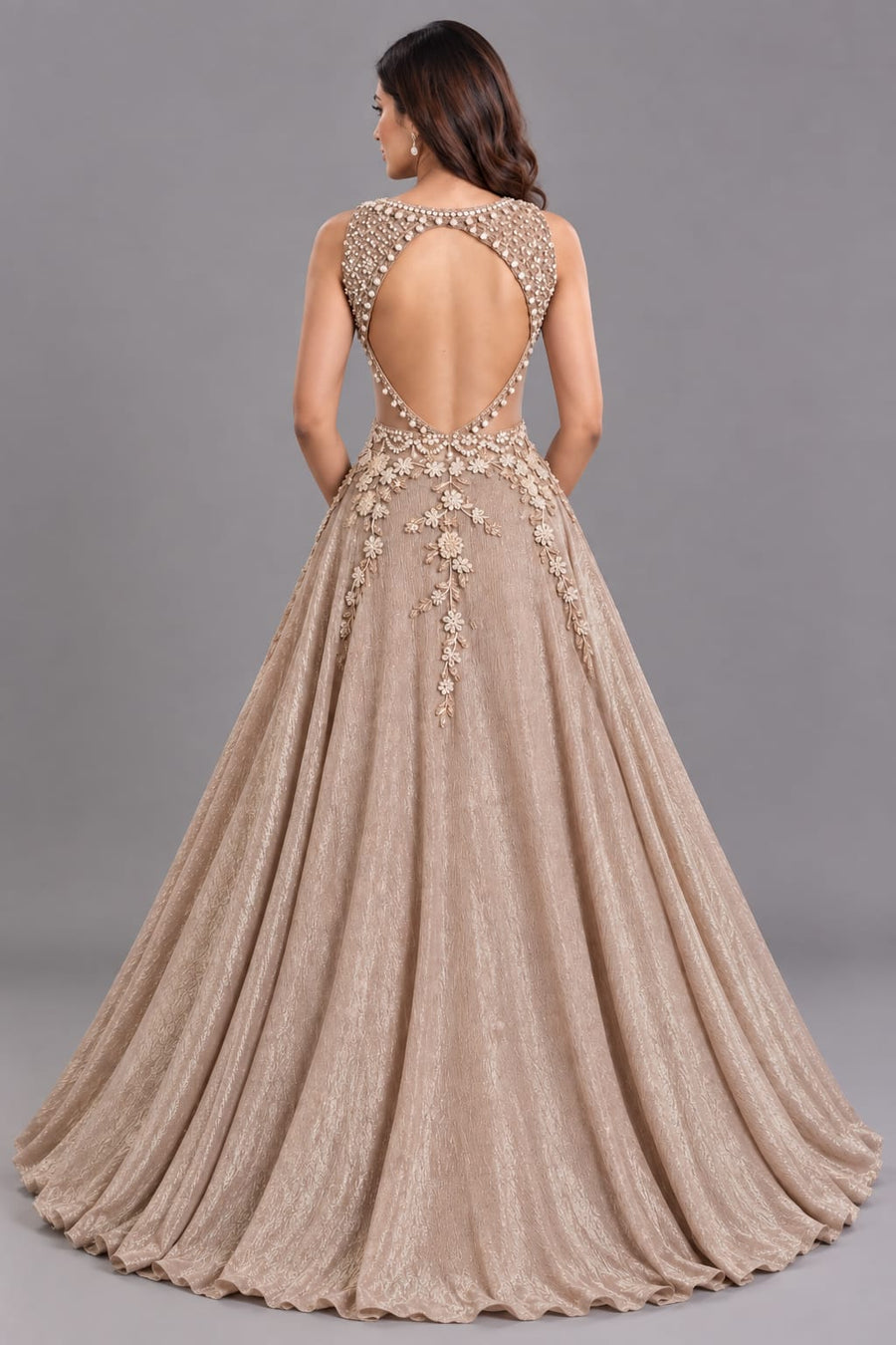 Champagne Gold Embroidered Flared Gown with Keyhole Neck for Women