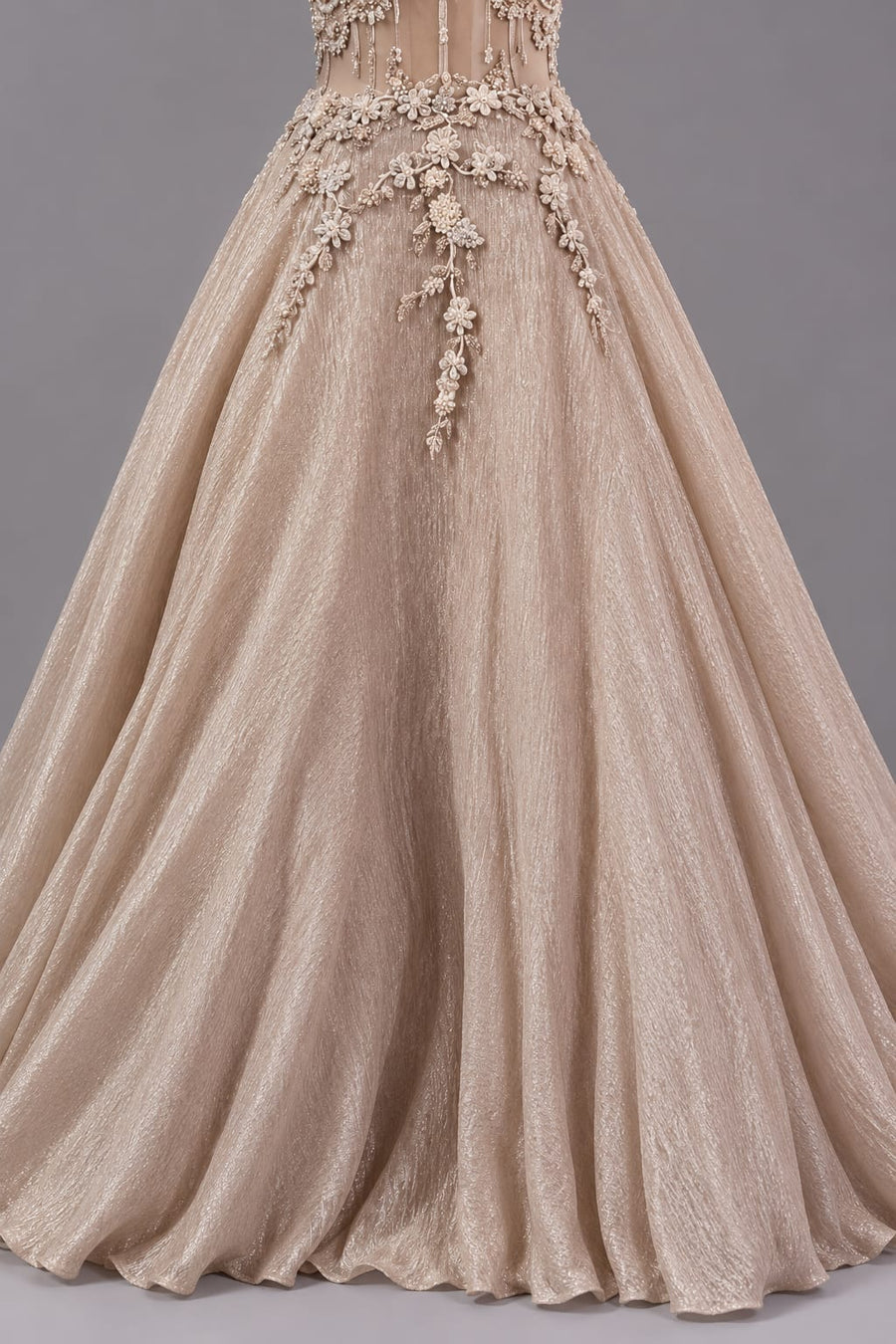 Champagne Gold Embroidered Flared Gown with Keyhole Neck for Women