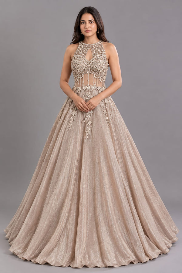 Champagne Gold Embroidered Flared Gown with Keyhole Neck for Women